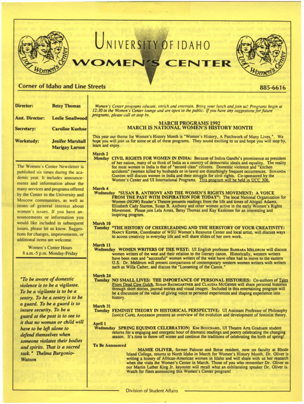 The March 1992 issue of the Women's Center Newsletter, titled "Women's Center March Programs 1992."