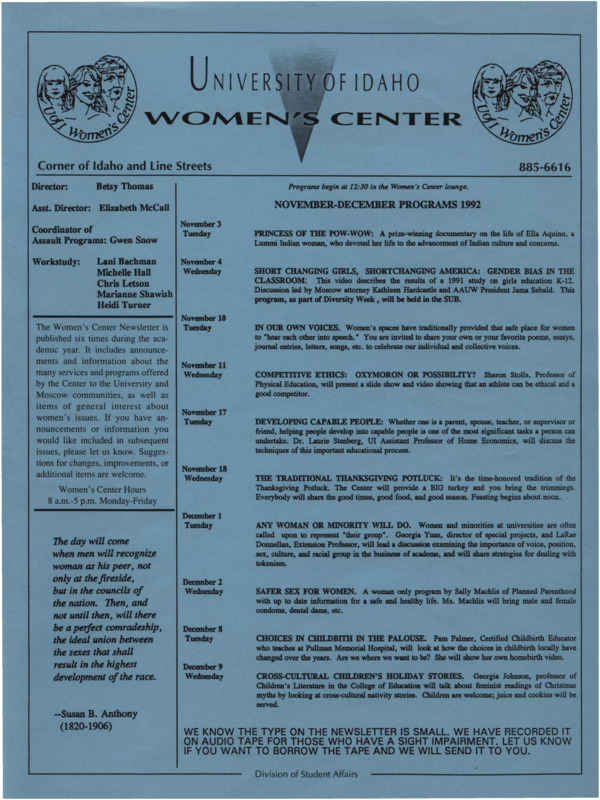 The November-December 1992 issue of the Women's Center Newsletter, titled "Women's Center November-December Programs 1992."