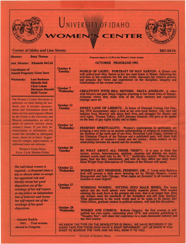 The October 1992 issue of the Women's Center Newsletter, titled "Women's Center October Programs 1992."