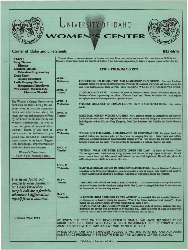 The April 1993 issue of the Women's Center Newsletter, titled "Women's Center April Programs 1993."