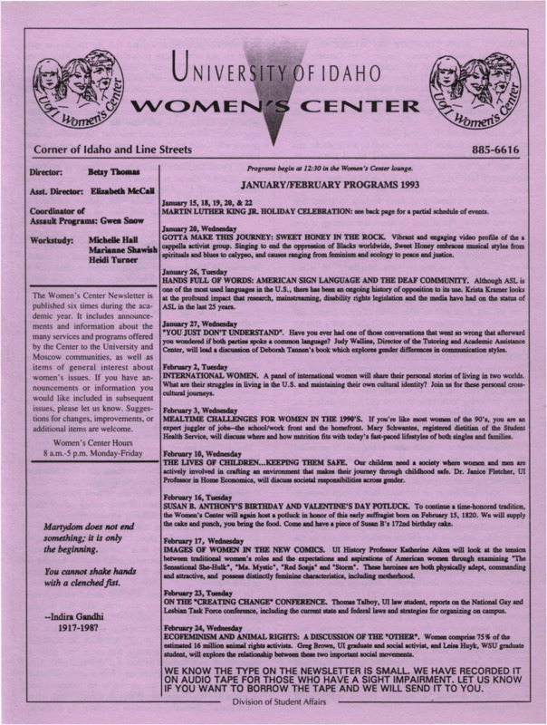 The January/February 1993 issue of the Women's Center Newsletter, titled "January/February Programs 1993."