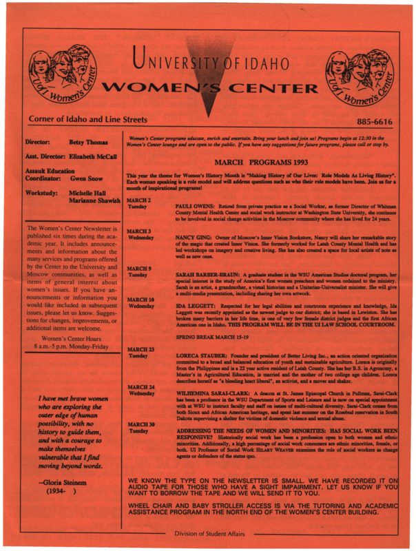 The March 1993 issue of the Women's Center Newsletter, titled "Women's Center March Programs 1993."