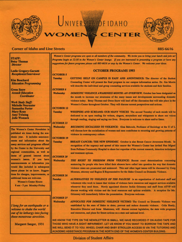 The October 1993 issue of the Women's Center Newsletter, titled "Women's Center October Programs 1993."