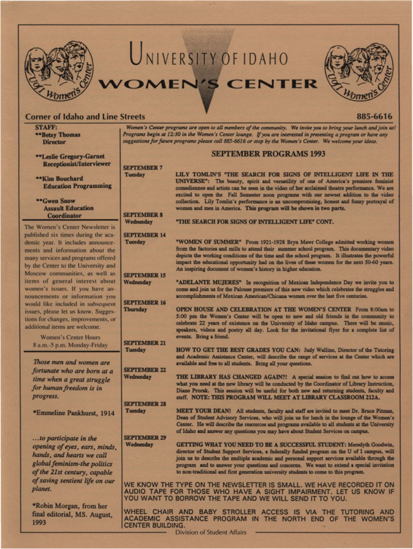 The September 1993 issue of the Women's Center Newsletter, titled "Women's Center September Programs 1993."
