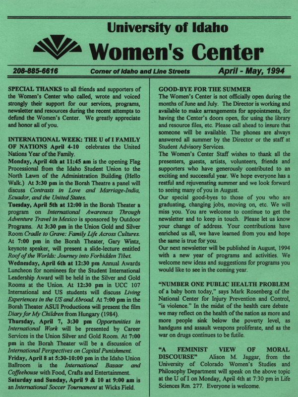 The April-May 1994 issue of the Women's Center Newsletter, titled "Women's Center April-May, 1994."