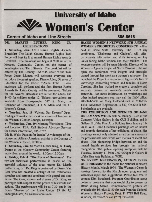 The January/February 1994 issue of the Women's Center Newsletter, titled "Women's Center."