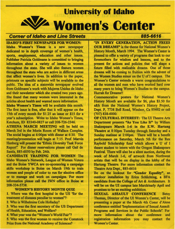 The March 1994 issue of the Women's Center Newsletter, titled "Women's Center."