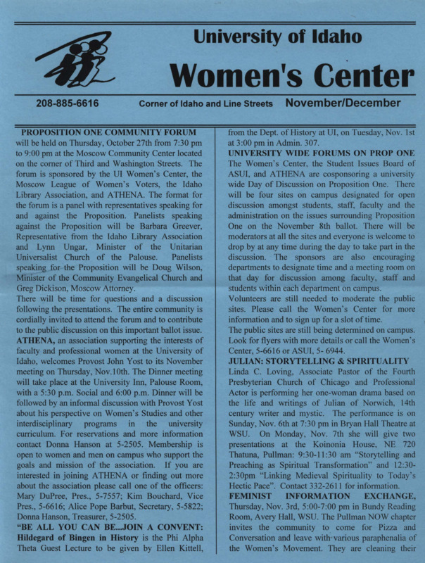 The November/December 1994 issue of the Women's Center Newsletter, titled "Women's Center November/December."