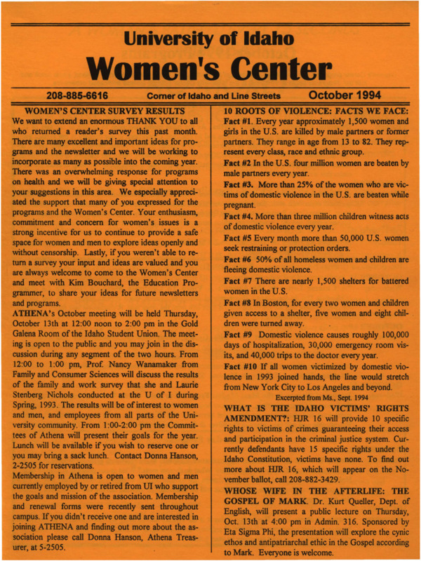 The October 1994 issue of the Women's Center Newsletter, titled "Women's Center October 1994."