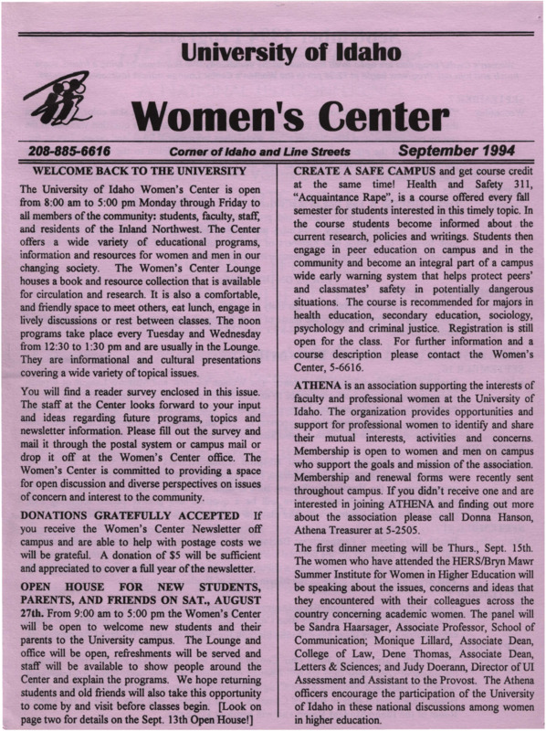 The September 1994 issue of the Women's Center Newsletter, titled "Women's Center September 1994."