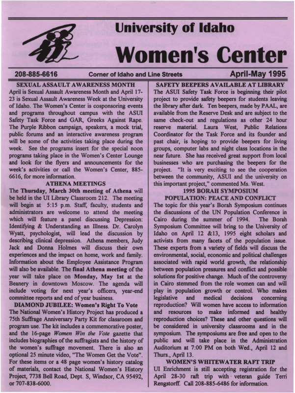 The April-May 1995 issue of the Women's Center Newsletter, titled "Women's Center April-May 1995."
