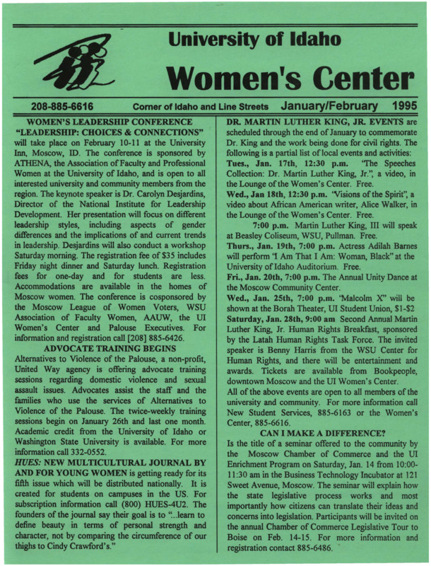 The January/February 1995 issue of the Women's Center Newsletter, titled "Women's Center January/February 1995."