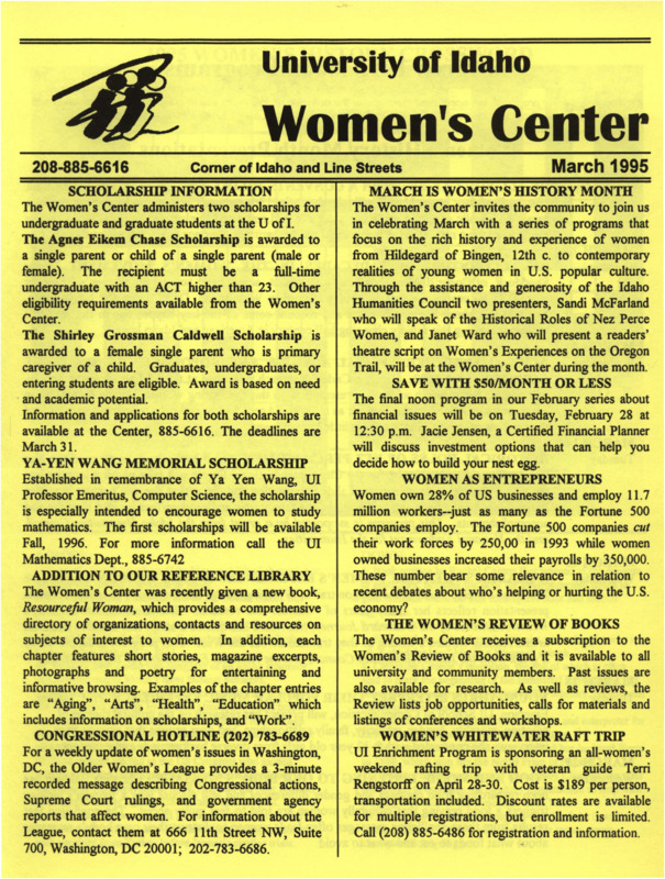 The March 1995 issue of the Women's Center Newsletter, titled "Women's Center March 1995."