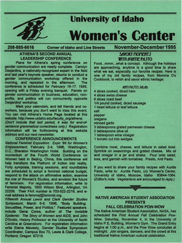 The November-December 1995 issue of the Women's Center Newsletter, titled "Women's Center November-December 1995."