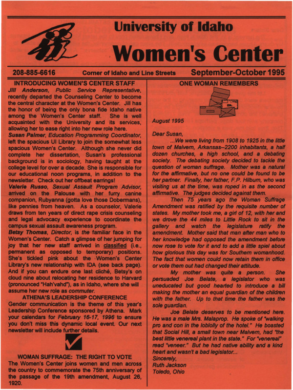 The September-October 1995 issue of the Women's Center Newsletter, titled "Women's Center September-October 1995."