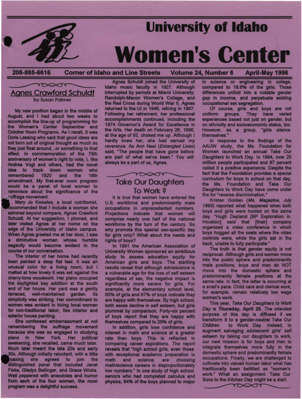 The April-May 1996 issue of the Women's Center Newsletter, titled "Women's Center Volume 24, Number 6 April-May 1996."