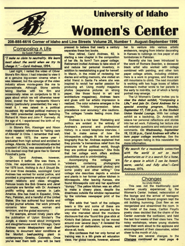 The August-September 1996 issue of the Women's Center Newsletter, titled "Women's Center Volume 25, Number 1 August-September 1996."