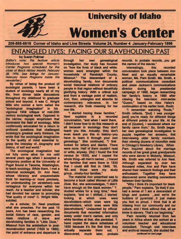The January-February 1996 issue of the Women's Center Newsletter, titled "Women's Center Volume 24, Number 4 January-February 1996."