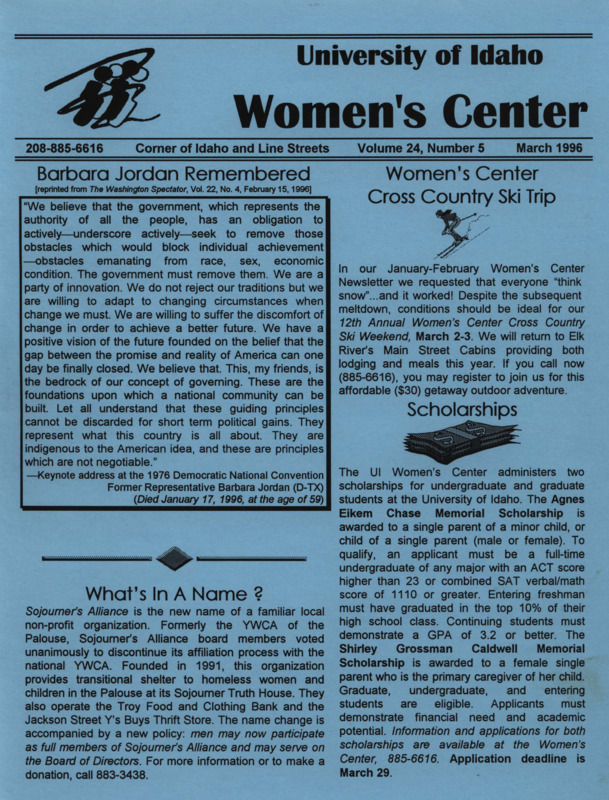 The March 1996 issue of the Women's Center Newsletter, titled "Women's Center Volume 24, Number 5 March 1996."