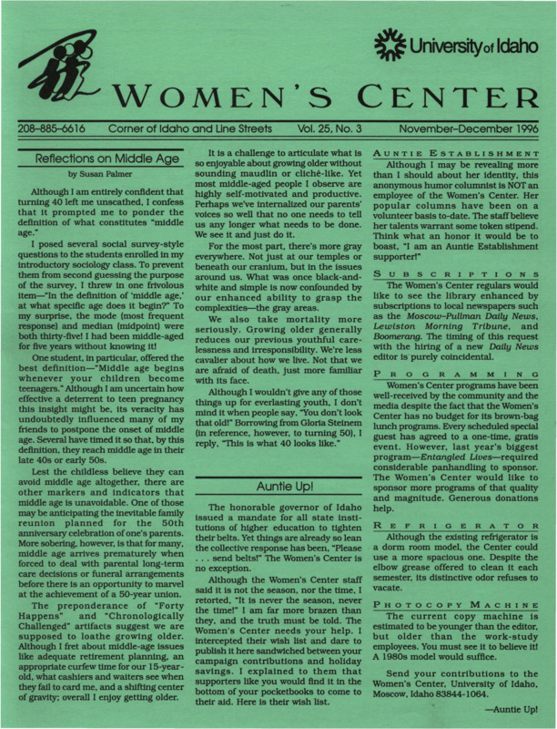The November-December 1996 issue of the Women's Center Newsletter, titled "Women's Center Vol. 25, No. 3 November-December 1996."