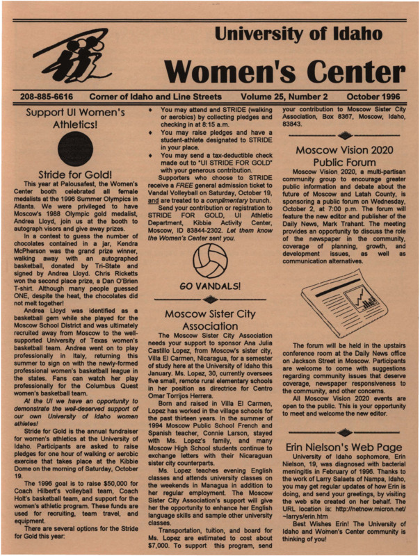 The October 1996 issue of the Women's Center Newsletter, titled "Women's Center Volume 25, Number 2 October 1996."