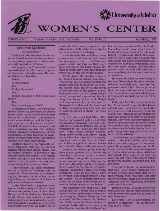 The April-May 1997 issue of the Women's Center Newsletter, titled "Women's Center Vol. 25, No. 6 April-May 1997."
