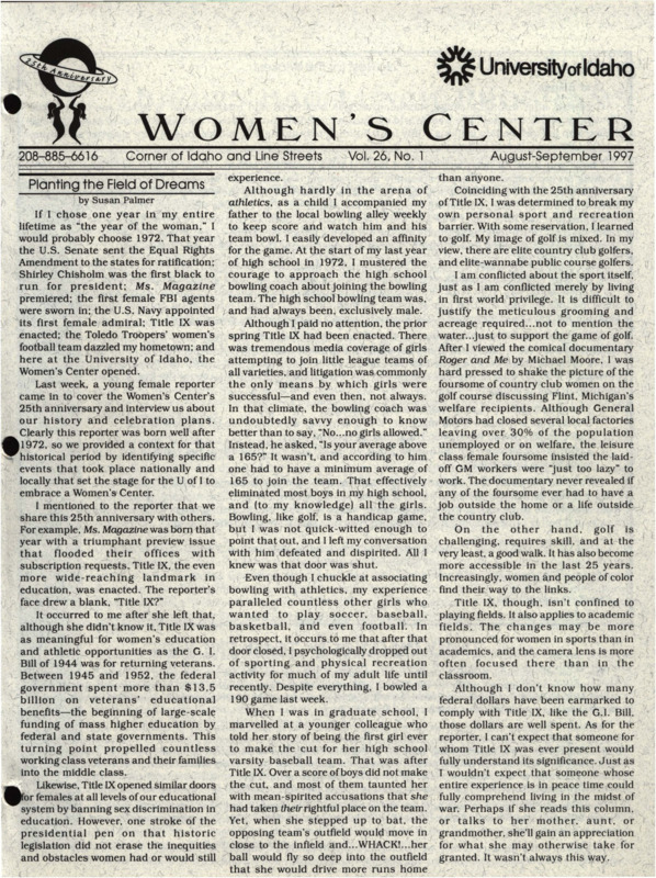 The August-September 1997 issue of the Women's Center Newsletter, titled "Women's Center Vol. 26, No. 1 August-September 1997."