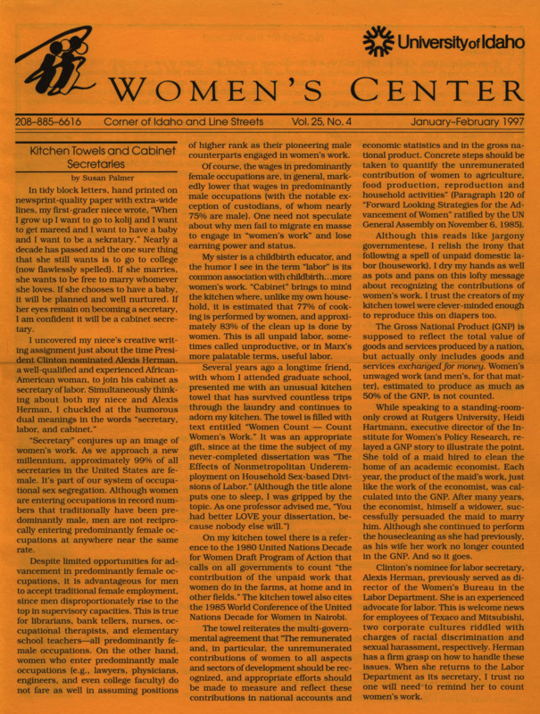 The January-February 1997 issue of the Women's Center newsletter, titled "Women's Center Vol. 25, No. 4 January-February 1997."