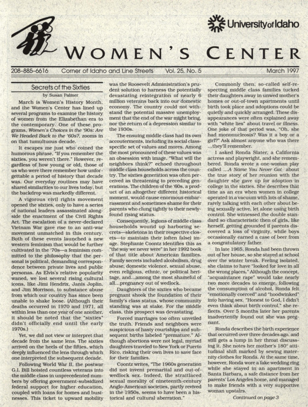 The March 1997 issue of the Women's Center Newsletter, titled "Women's Center Vol. 25, No. 5 March 1997."