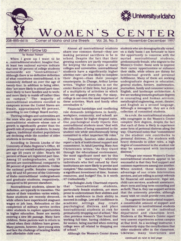 The November-December 1997 issue of the Women's Center Newsletter, titled "Women's Center Vol. 26, No. 3 November-December 1997."