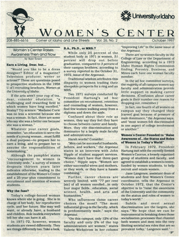 The October 1997 issue of the Women's Center Newsletter, titled "Women's Center Vol. 26, No. 2 October 1997."