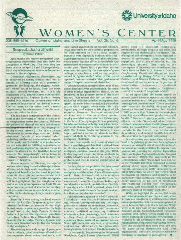 The April-May 1998 issue of the Women's Center Newsletter, titled "Women's Center Vol. 26, No. 6 April-May 1998."