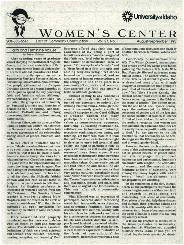 The August-September 1998 issue of the Women's Center Newsletter, titled "Women's Center Vol. 27, No. 1 August-September 1998."