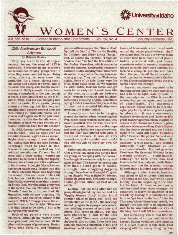 The January-February 1998 issue of the Women's Center Newsletter, titled "Women's Center Vol. 26, No. 4 January-February 1998."