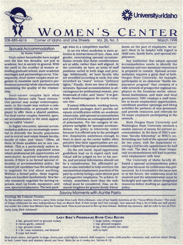 The March 1998 issue of the Women's Center Newsletter, titled "Women's Center Vol. 26, No. 5 March 1998."