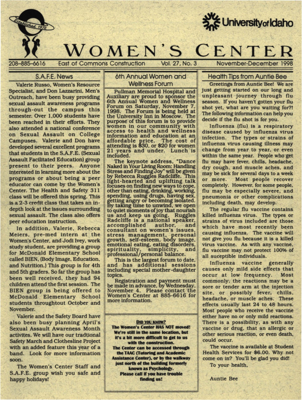The November-December 1998 issue of the Women's Center Newsletter, titled "Women's Center Vol. 27, No. 3 November-December 1998."