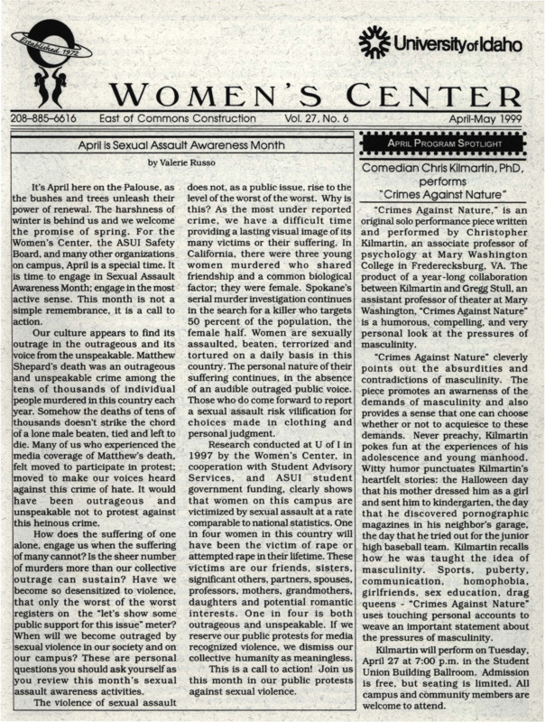 The April-May 1999 issue of the Women's Center Newsletter, titled "Women's Center Vol. 27, No. 6 April-May 1999."