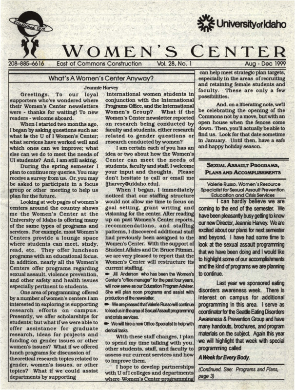 The August-December 1999 issue of the Women's Center Newsletter, titled "Women's Center Vol. 28, No. 1 Aug-Dec 1999."
