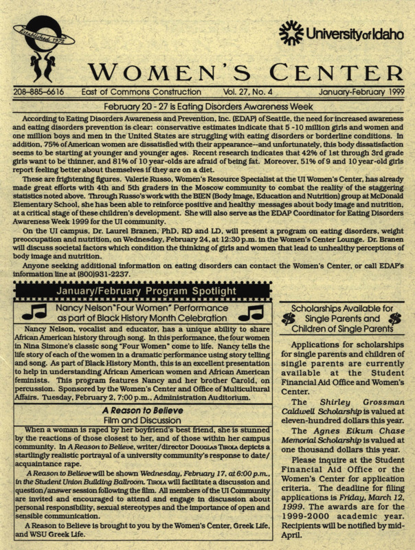 The January-February 1999 issue of the Women's Center Newsletter, titled "Women's Center Vol. 27, No. 4 January-February 1999."