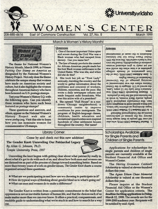 The March 1999 issue of the Women's Center Newsletter, titled "Women's Center Vol. 27, No. 5 March 1999."