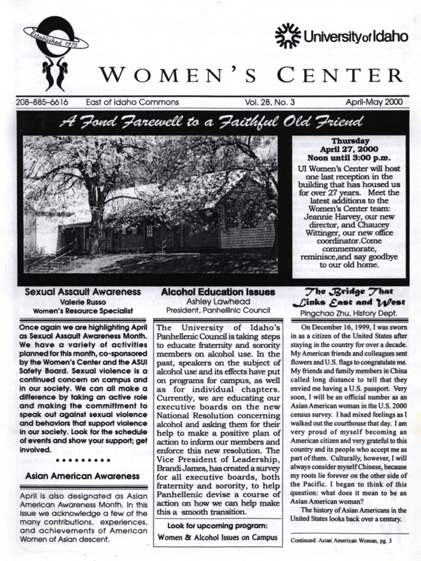The April-May 2000 issue of the Women's Center Newsletter, titled "Women's Center Vol. 28, No. 3 April-May 2000."