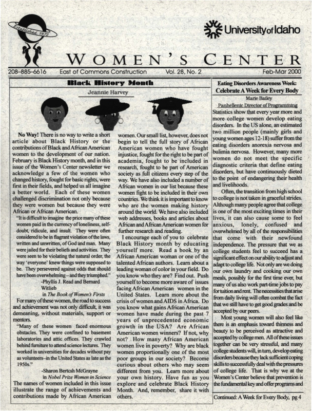 The February-March 2000 issue of the Women's Center Newsletter, titled "Women's Center Vol. 28, No. 2 Feb-Mar 2000."