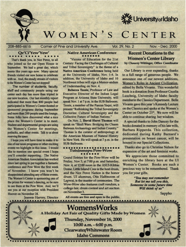 The November-December 2000 issue of the Women's Center Newsletter, titled "Women's Center Vol. 29, No. 2 Nov-Dec 2000."