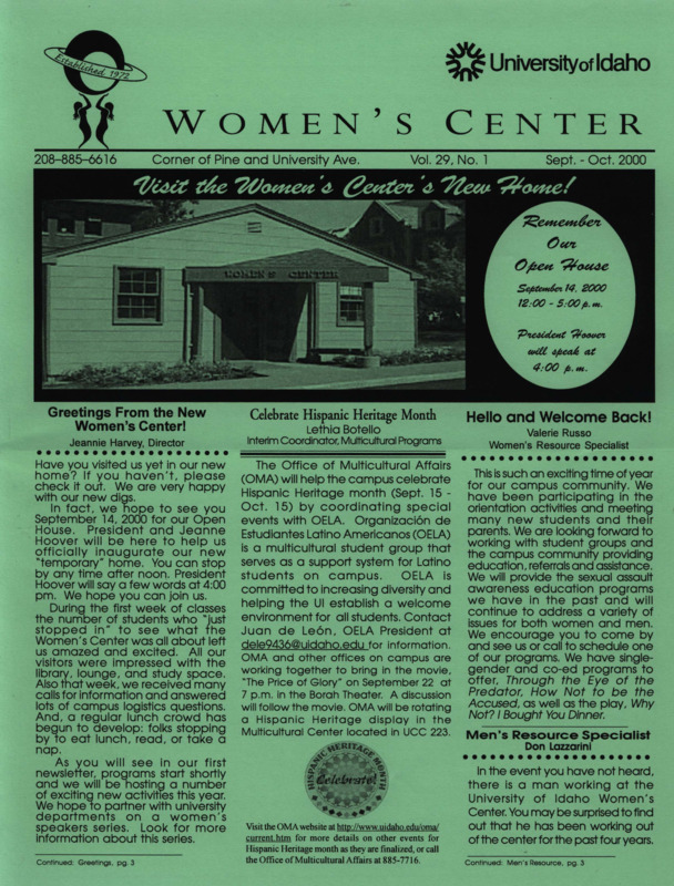 The September-October 2000 issue of the Women's Center Newsletter, titled "Women's Center Vol. 29, No. 1 Sept-Oct 2000."