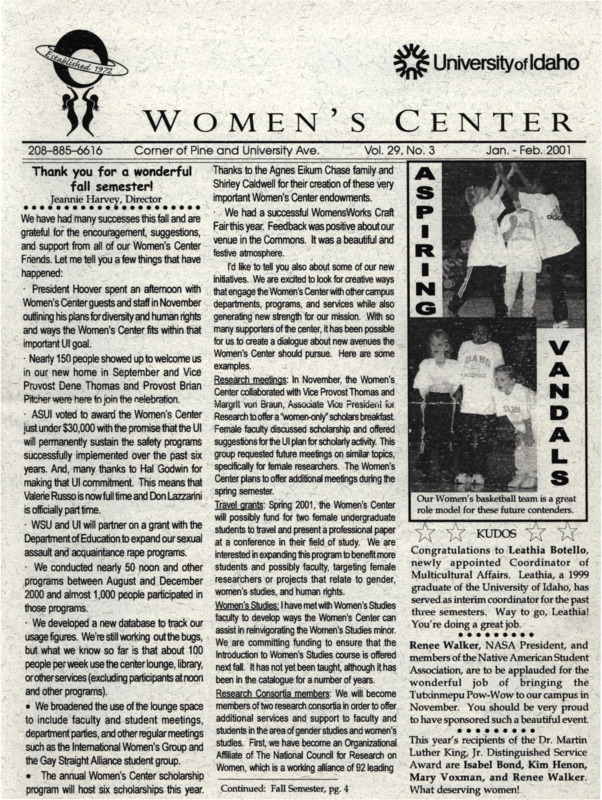 The January-February 2001 issue of the Women's Center Newsletter, titled "Women's Center Vol. 29, No. 3 Jan-Feb 2001."