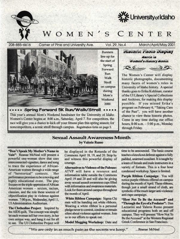 The March/April/May 2001 issue of the Women's Center Newsletter, titled "Women's Center Vol. 29, No. 4 March/April/May 2001."