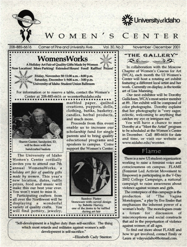 The November-December 2001 issue of the Women's Center Newsletter, titled "Women's Center Vol. 30, No. 2 November-December 2001."