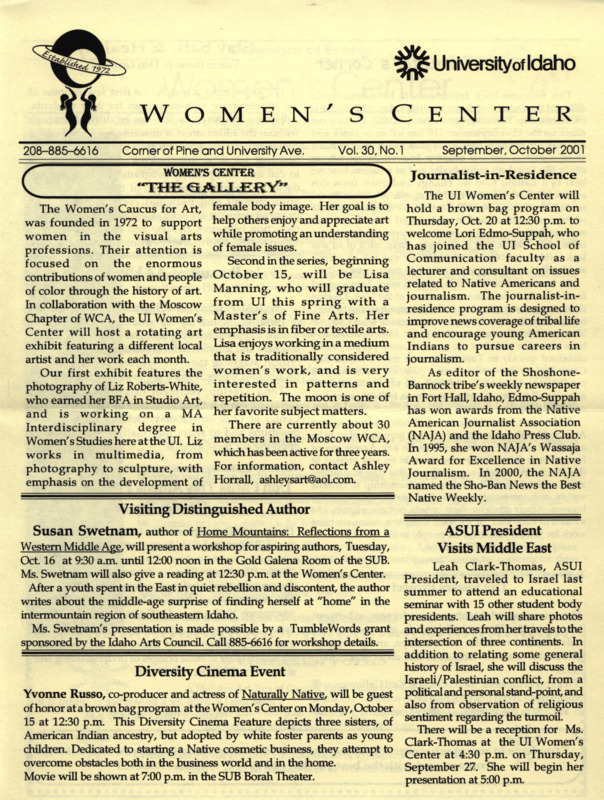 The September-October 2001 issue of the Women's Center Newsletter, titled "Women's Center Vol. 30, No. 1 September-October 2001."