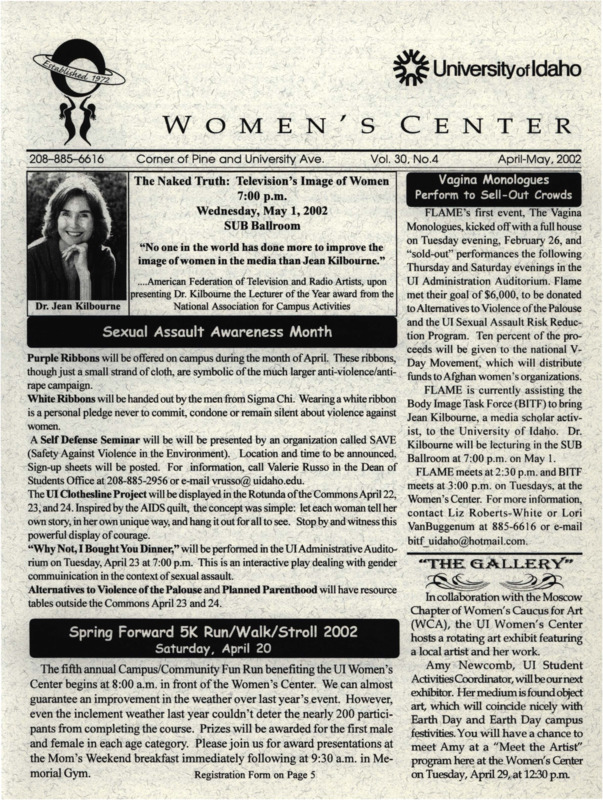 The April-May 2002 issue of the Women's Center Newsletter, titled "Women's Center Vol. 30, No. 4 April-May 2002."