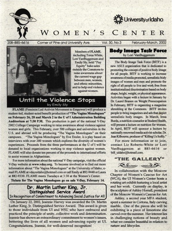 The February-March 2002 issue of the Women's Center Newsletter, titled "Women's Center Vol. 30, No. 3 February-March 2002."